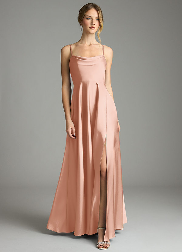 Azazie Elle Bridesmaid Dresses Rose Gold A-Line Pleated Stretch Satin Dress image1