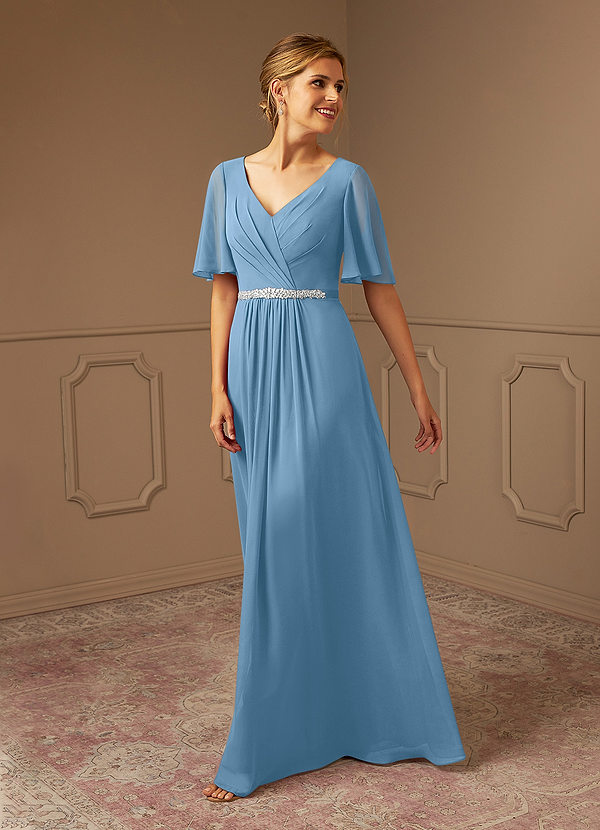 Azazie Tricia Mother of the Brides Dresses Steel Blue A-Line V-Neck Pleated Chiffon Dress image1