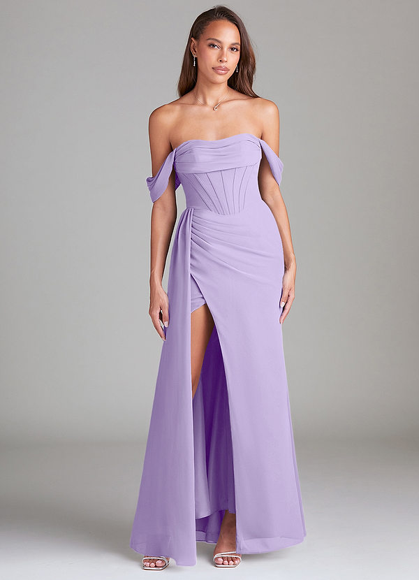 Azazie Amyra Robes Demoiselle d'honneur Robe Fourreau Convertible en Mousseline de soie Épaule décolletée Lilas image1