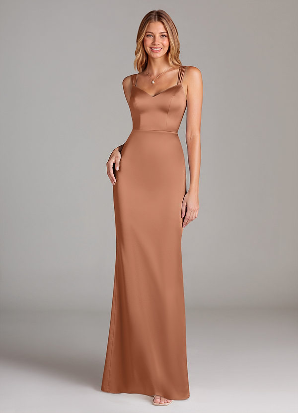 Azazie Denice Robes Demoiselle d'honneur Robe Fourreau en Satin extensible Plissée Bronze image1