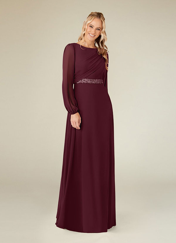 Azazie Priyanka Mother of the Brides Dresses Cabernet A-Line Boatneck Pleated Chiffon Dress image1