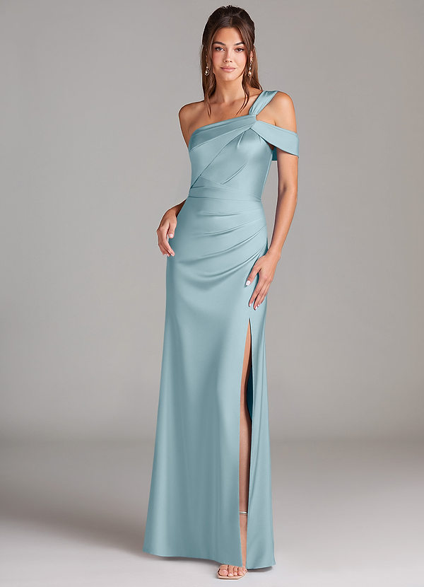 Azazie Wynter Vestidos Dama de Honor Vestido de Azul Malhumorado de Satén Elástico de Corte Recto con Vestidos sin tirantes image1