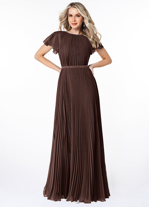 Azazie Kara Modest Bridesmaid Dresses A-Line Pleated Chiffon Floor-Length Dress image1