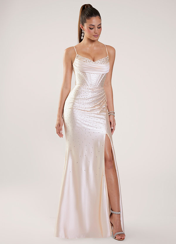 Nogolla Champagne Beading Rhinestone Stretch Satin Prom Dress image1