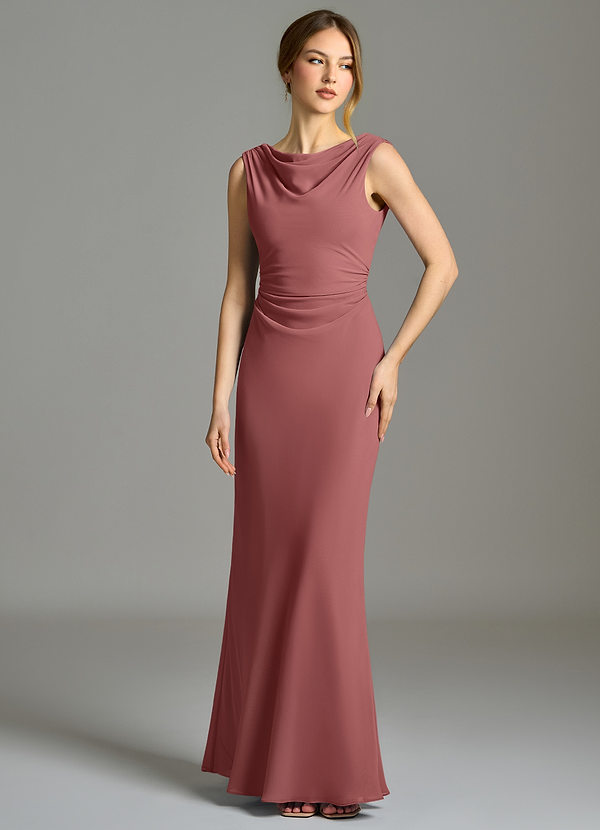 Azazie Kieryn 신부 들러리 드레스 인어 주름진 쉬폰 바닥 길이 드레스 image1