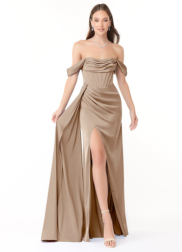 Azazie Amyra Bridesmaid Dresses Taupe Sheath Off the Shoulder Stretch Satin Convertible Dress image1