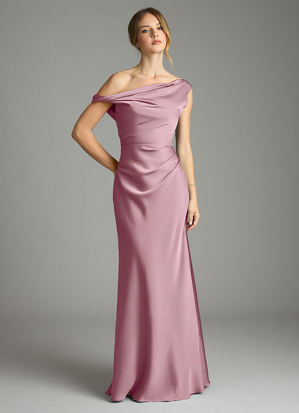 Azazie Emerson Bridesmaid Dresses Vintage Mauve Mermaid Off the Shoulder Stretch Satin Dress image1