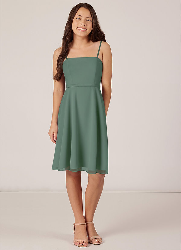 Azazie Kalie Junior Eucalyptus A-Line with Belt Chiffon Dress image1