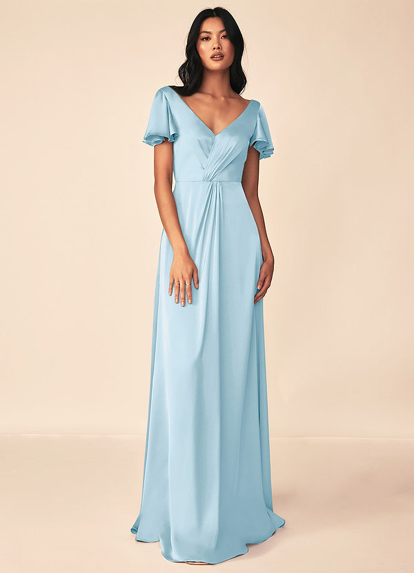 Azazie Soren Bridesmaid Dresses Sky Blue A-Line Pleated Stretch Satin Dress image1