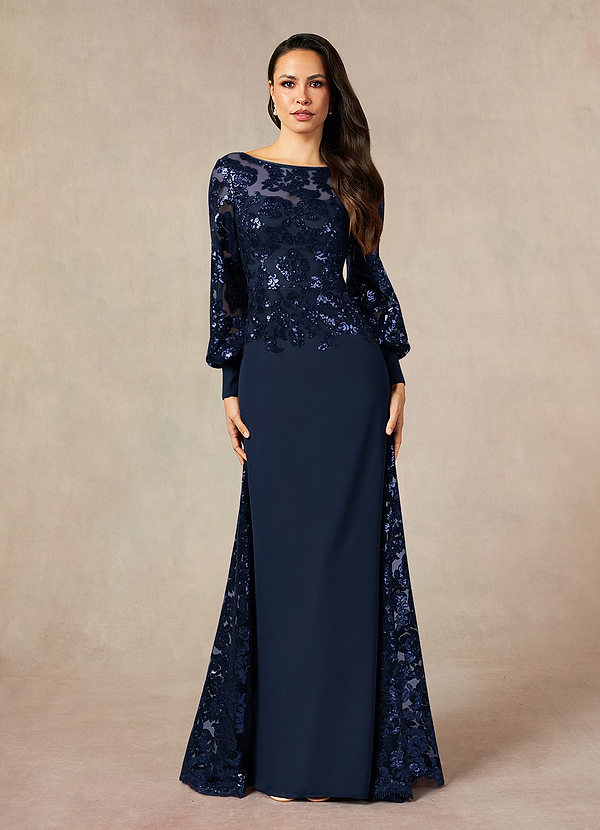 Dark Navy Azazie Caroline Mermaid Sequins Lace Floor-Length Dress | Azazie