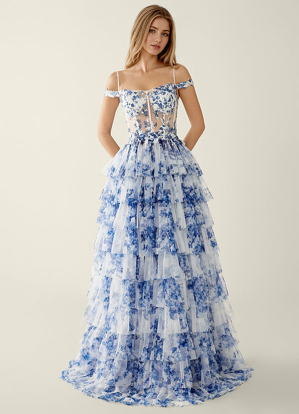 Farrah Bleu Robe de bal trapèze imprimée en tulle image1