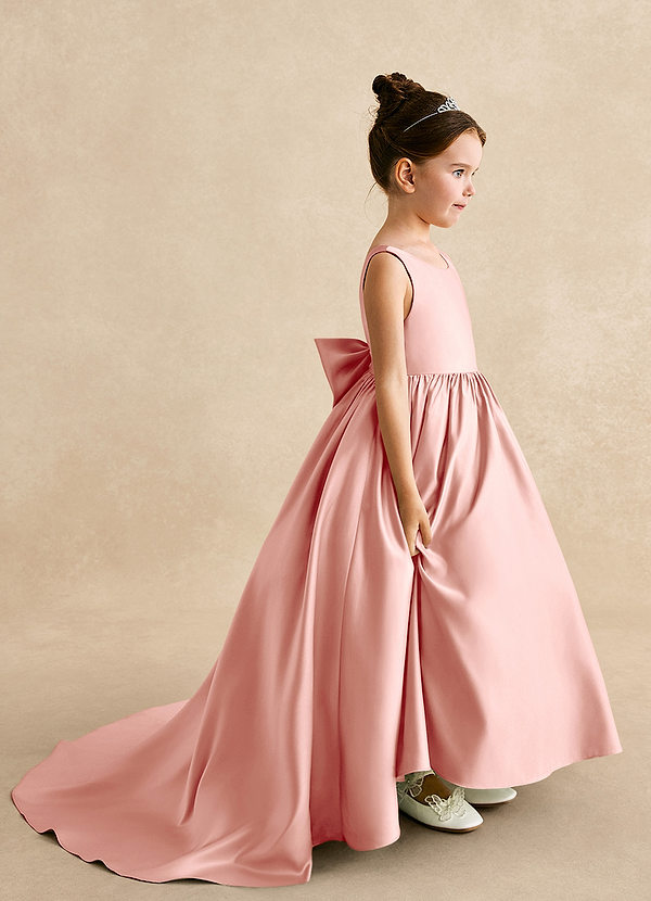 Azazie Mimia Robes de Fillette d'Honneur Robe Trapèze en Mat Satiné Arc Rosette image1
