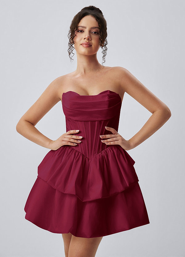 Noelle Bourgogne Robe mini bustier en popeline à volants image1