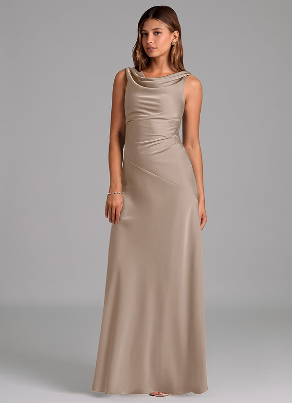 Azazie Nerine Bridesmaid Dresses Taupe A-Line Pleated Stretch Satin Dress image1