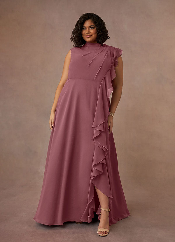 Azazie Narine Abiti Mamma della Sposa Abito A-Line in Chiffon con Scollo Alto a Pieghe Rosa Del Deserto image1