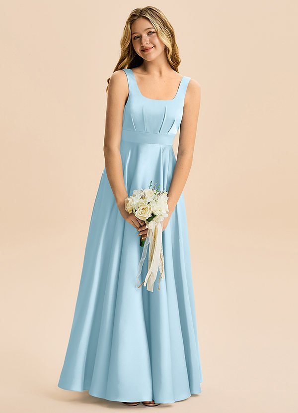 Azazie Gabby Junior Sky Blue A-Line Pleated Stretch Satin Dress image1