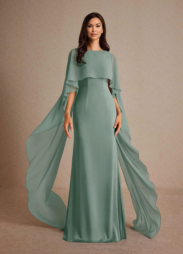 Azazie Milfred Mother of the Brides Dresses Silver Sage Sheath Boatneck Stretch Satin Dress image1