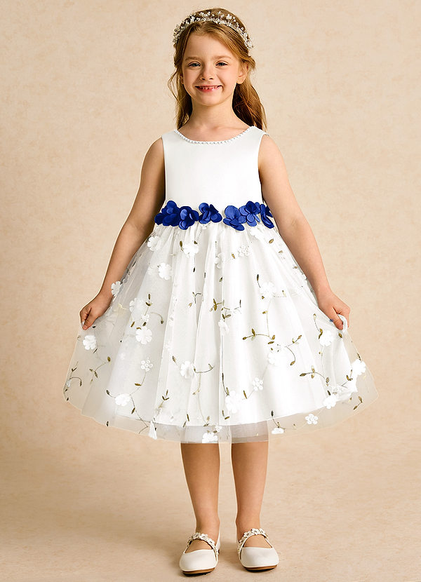 Azazie Starri Flower Girl Dresses Ivory Royal Blue Ball-Gown Beaded Matte Satin Dress image1
