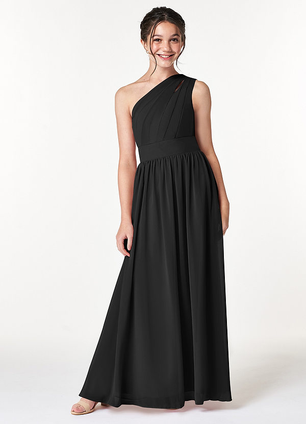 Azazie Molly Junior Black A-Line Pleated Chiffon Dress image1