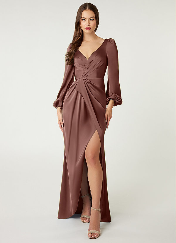 Azazie Mel Morsiusneitojen mekot Vaippa Pitkähihainen Joustava satiini Lattian pituus Pukeutua image1