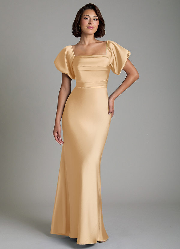 Azazie Lea Bridesmaid Dresses Gold Mermaid Off the Shoulder Stretch Satin Convertible Dress image1