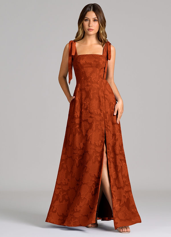 Azazie Debra Bridesmaid Dresses Vestido Páprica de Esgotamento Floral de Linha A com com bolsos image1