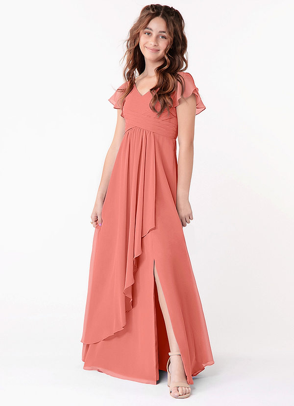 Azazie Omari Junior Salmon Pink A-Line Ruched Chiffon Dress image1