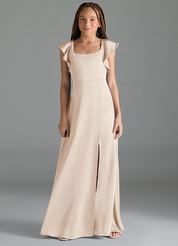 Azazie Bondi Junior White Alabaster A-Line Side Slit Stretch Satin Dress image1