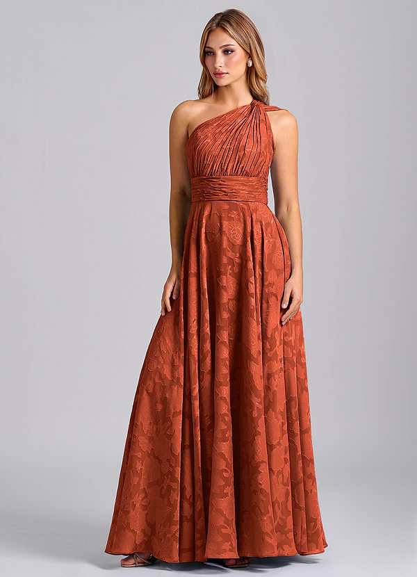 Azazie Charlize Abiti da Damigella Abito A-Line in Burnout Floreale Monospalla Auburn image1