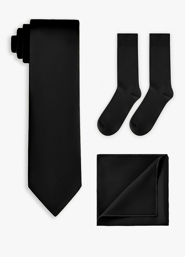 front Conjunto de gravata larga de cetim elástico, lenço de bolso e meias combinando
