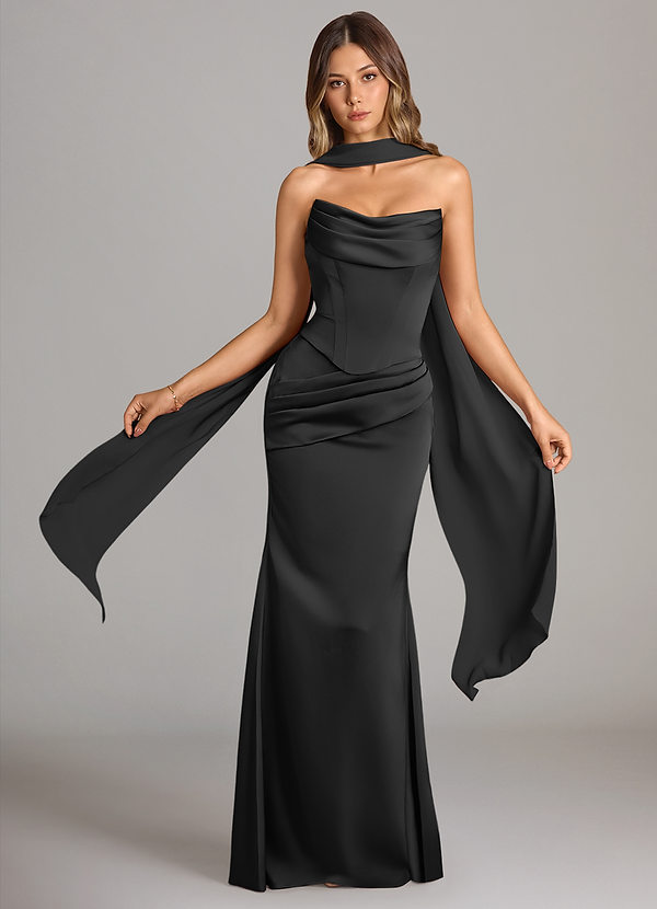 Azazie Sorrel Bridesmaid Dresses Vestir Preto de Cetim elástico de sereia com Sem alças image1