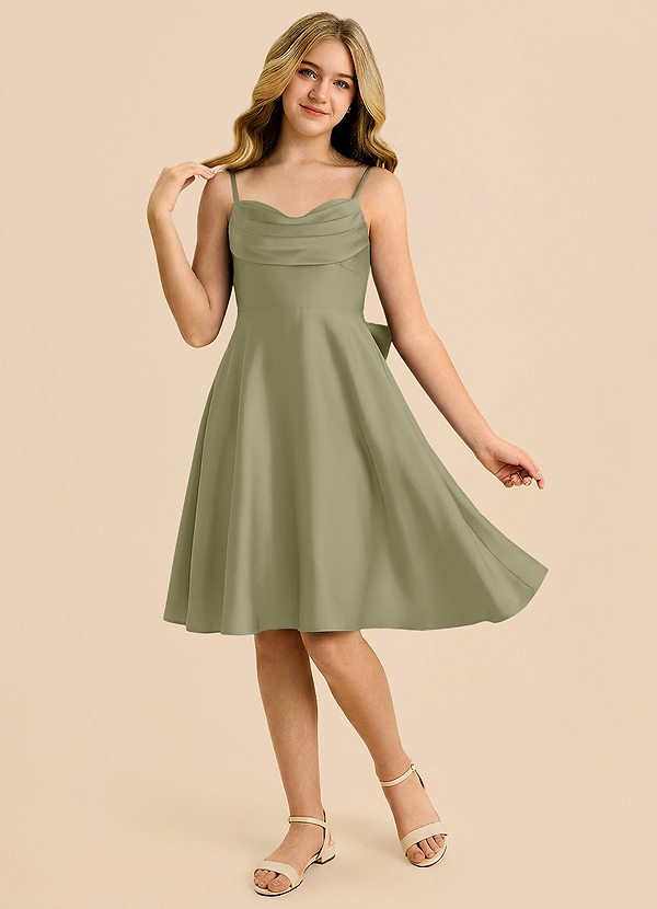 Azazie Bear Junior Vestido de Pistacho de Satén Elástico de Corte en A con Escote de Corazón image1