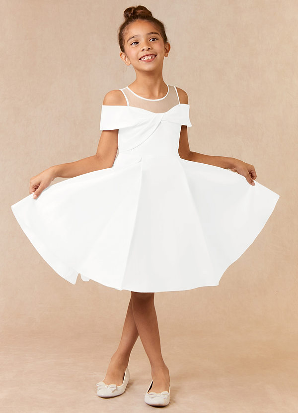 Azazie Shirin Flower Girl Dresses Ivory A-Line Off the Shoulder Matte Satin Dress image1