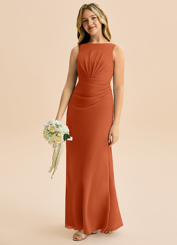 Azazie Floris Junior Robe Trapèze en Mousseline de soie Plissée Orange Brûlée image1