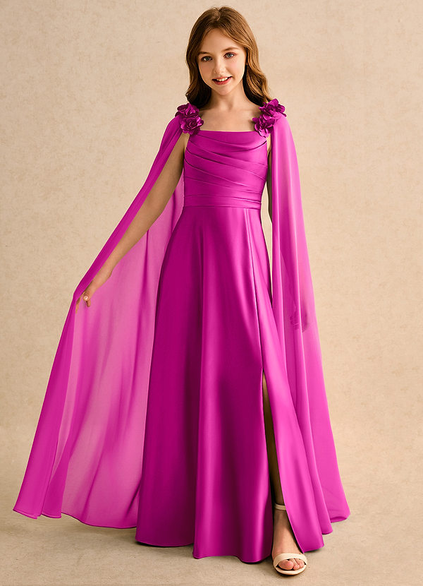 Azazie Rosita Girls Formal Bloemenmeisjes Jurken A-Lijn Jurk van Mat Satijn Geplooid Fuchsia image1