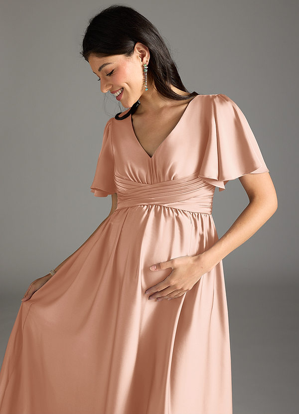 Azazie Verna Robe demoiselle d'honneur enceinte Robe Trapèze Rayé Longueur ras du sol Satin extensible image1