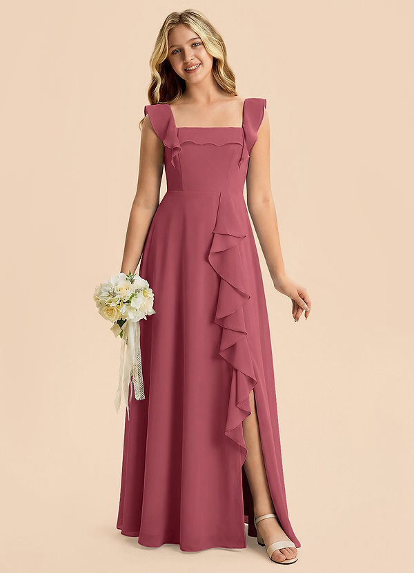 Azazie Nori Junior A-Linie Gestreift Chiffon Kleid Merlot image1