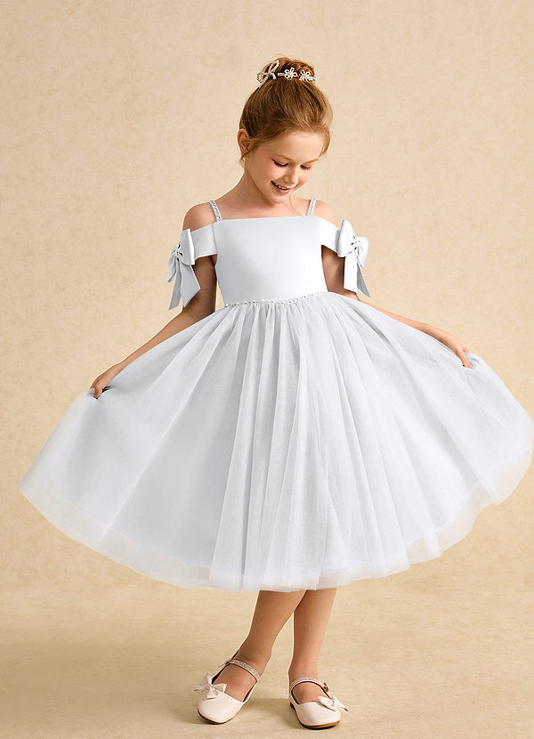 Azazie Amie Flower Girl Dresses White A-Line Off the Shoulder Matte Satin Dress image1