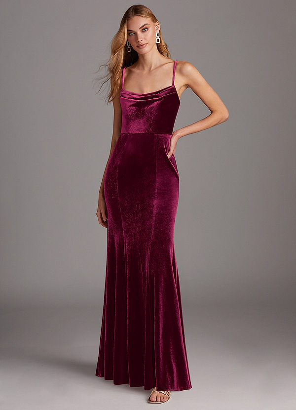 Azazie Solange Vestidos Dama de Honor Vestido de Cabernet de terciopelo de Corte Recto con Plisado image1
