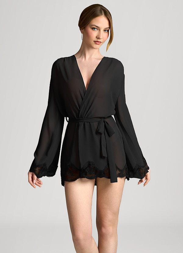 front Sort Chiffon morgenkåbe med kamsløjfe og blondekant