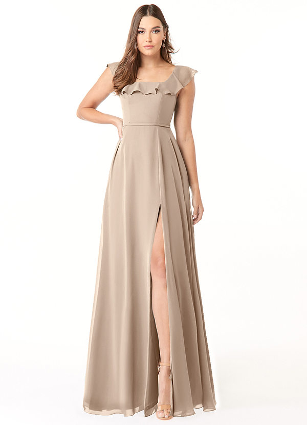 Azazie Jinny Bridesmaid Dresses Taupe A-Line Square Neckline Ruched Chiffon Dress image1