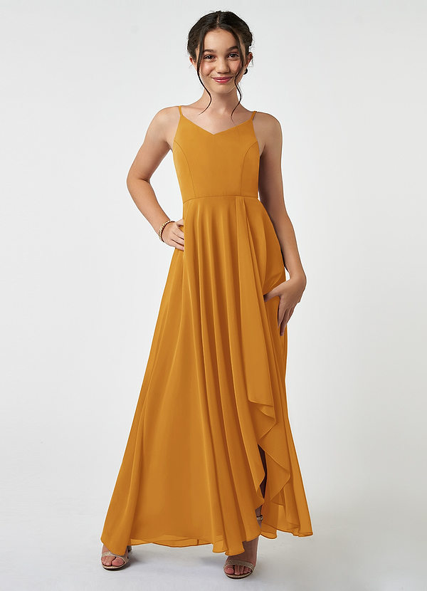 Azazie Collette Junior A-Linie Gestreift Chiffon Kleid Butterscotch image1