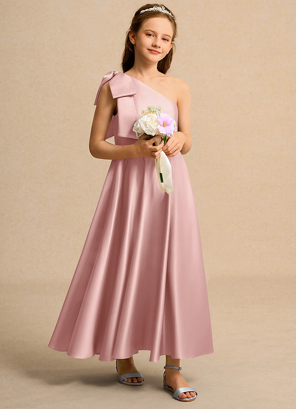 Azazie Guppy Girls Formal Robes de Fillette d'Honneur Robe Trapèze en Mat Satiné Une épaule Or Rose image1