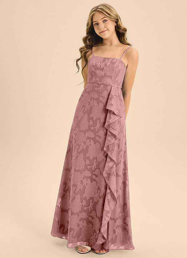 Azazie Kaylee Junior Dusty Rose A-Line with Belt Floral Burnout Dress image1