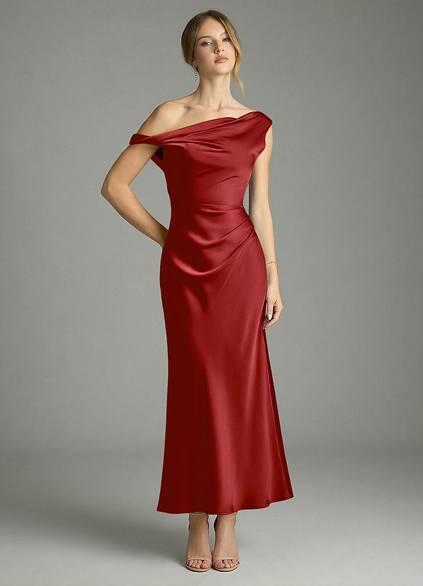 Azazie Emerson Bridesmaid Dresses Pomegranate Mermaid Off the Shoulder Stretch Satin Dress image1