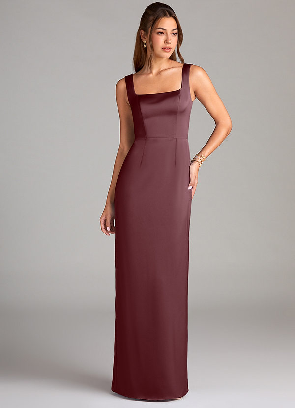 Azazie Flori Bridesmaid Dresses Sangria Sheath Side Slit Stretch Satin Dress image1