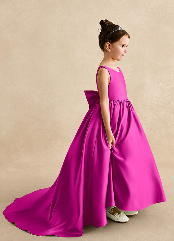 Azazie Mimia Robes de Fillette d'Honneur Robe Trapèze en Mat Satiné Arc Fuchsia image1