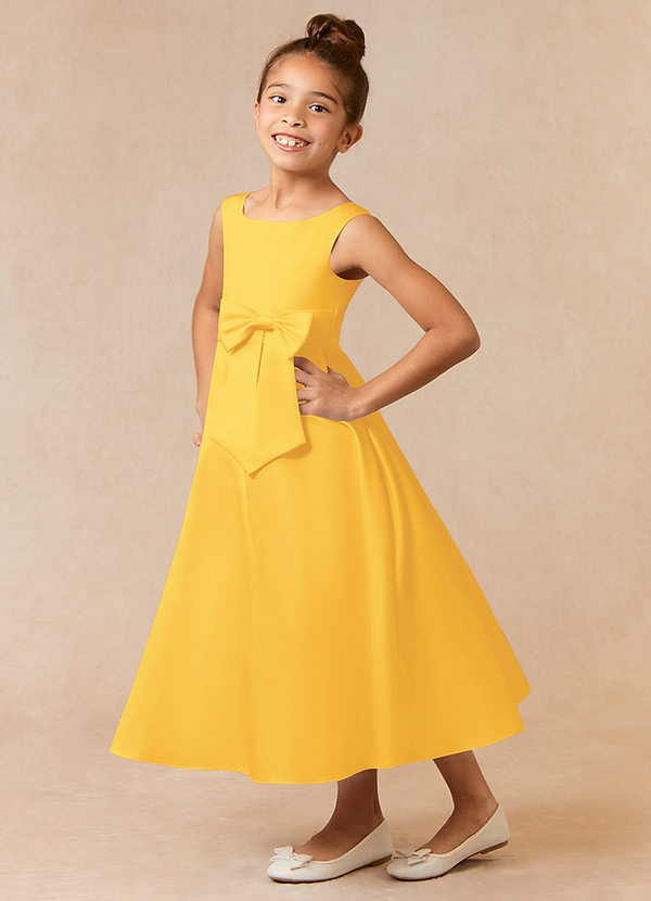 Azazie Lindy Flower Girl Dresses Marigold A-Line Pleated Matte Satin Dress image1