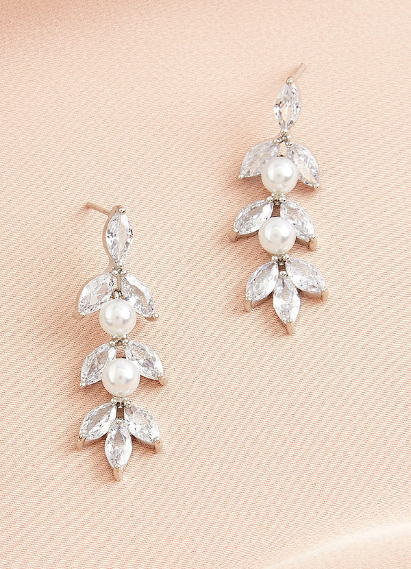 front Rhinestone Leaves and Pearls Drop Earrings