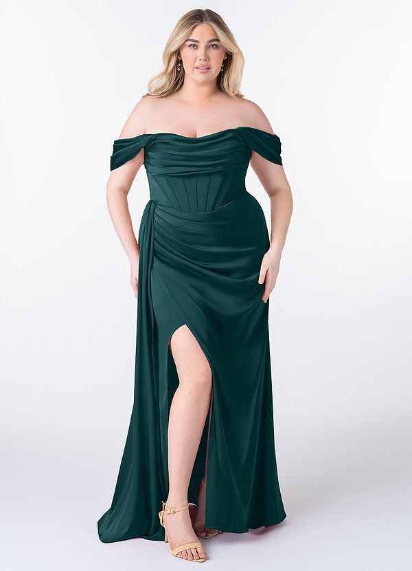 Azazie Amyra Bridesmaid Dresses Pine Sheath Off the Shoulder Stretch Satin Convertible Dress image1
